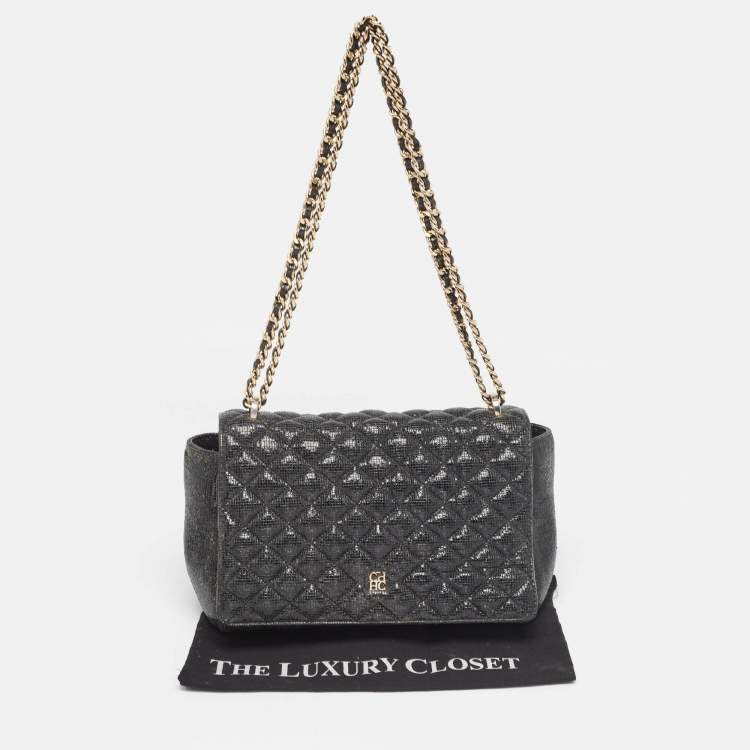 Pre Owned Carolina Herrera Black Quilted Textured Patent Leather Flap Chain Shoulder Bag