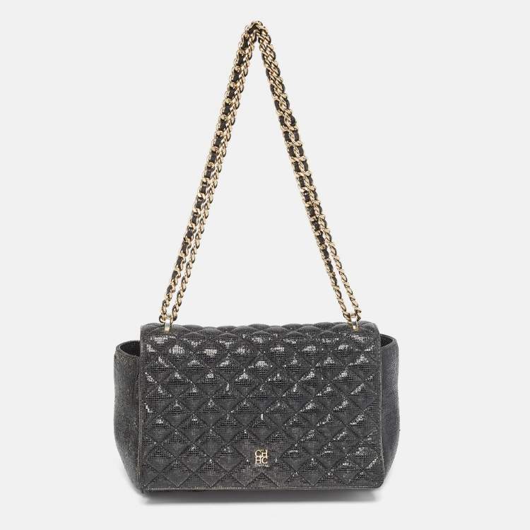 Pre Owned Carolina Herrera Black Quilted Textured Patent Leather Flap Chain Shoulder Bag