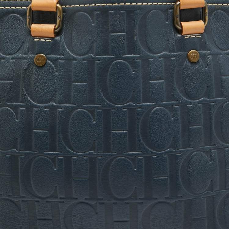 Pre Owned Carolina Herrera Blue/Beige Monogram Embossed Leather Andy Tote