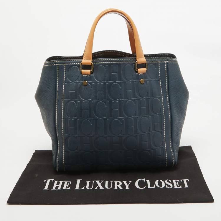 Pre Owned Carolina Herrera Blue/Beige Monogram Embossed Leather Andy Tote