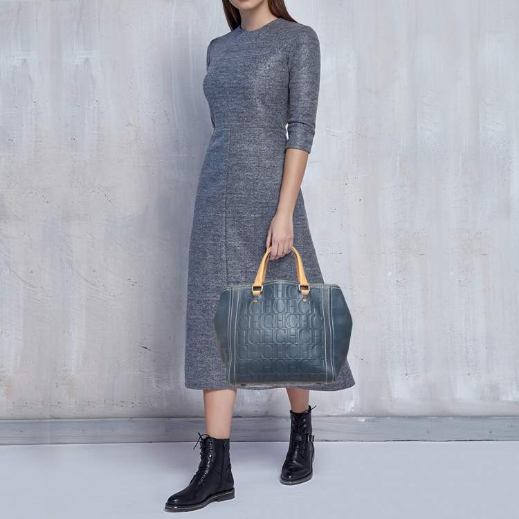 Pre Owned Carolina Herrera Blue/Beige Monogram Embossed Leather Andy Tote