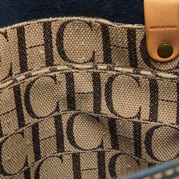 Pre Owned Carolina Herrera Blue/Beige Monogram Embossed Leather Andy Tote