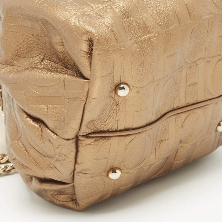 Pre Owned Carolina Herrera Gold Monogram Embossed Leather Bow Bucket Bag