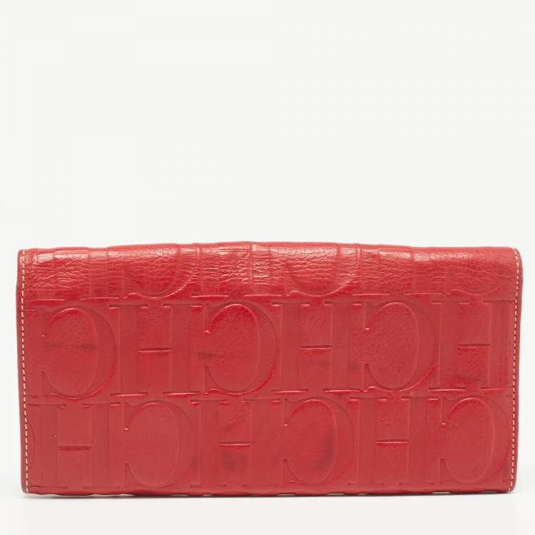 Pre Owned Carolina Herrera Red Monogram Embossed Leather Flap Continental Wallet
