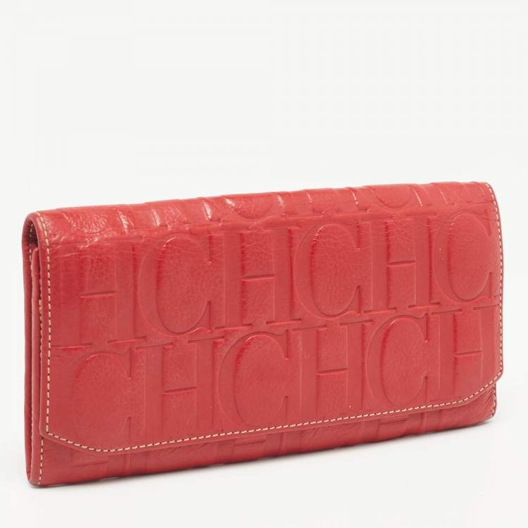 Pre Owned Carolina Herrera Red Monogram Embossed Leather Flap Continental Wallet