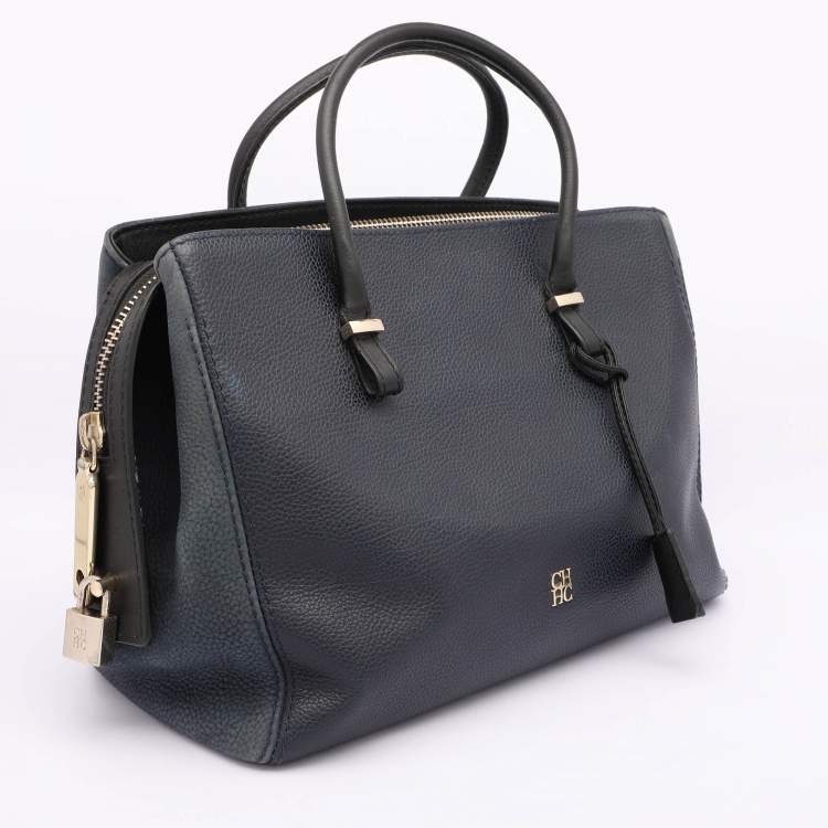 Pre Owned CH Carolina Herrera Blue Nubuck and Leather Zip Tote