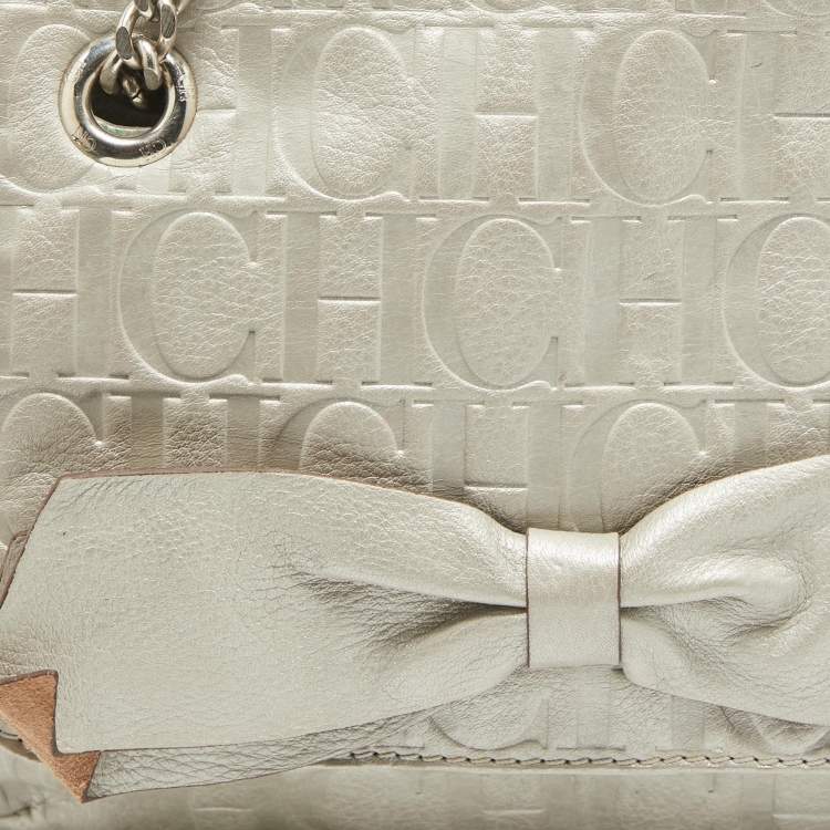 Pre Owned Carolina Herrera Grey Monogram Embossed Leather Audrey Flap Shoulder Bag