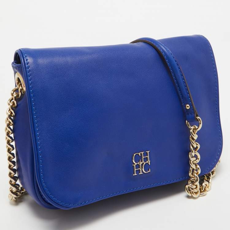 Pre Owned Carolina Herrera Blue Leather New Baltazar Flap Shoulder Bag