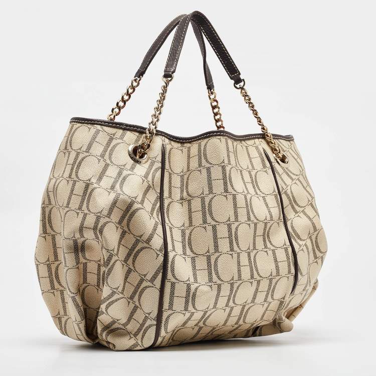 Pre Owned Carolina Herrera Cream/Brown Monogram Coated Canvas and Leather Chain Tote