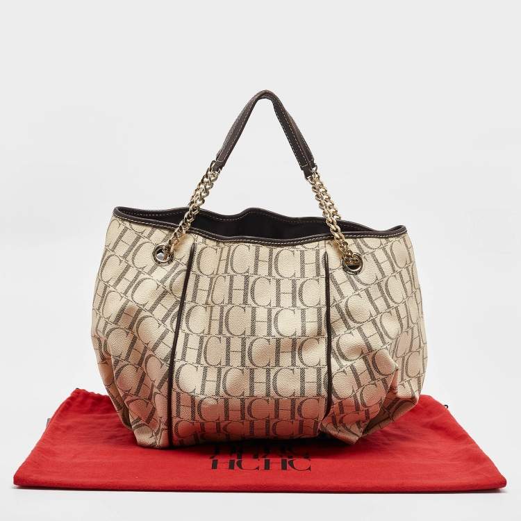 Pre Owned Carolina Herrera Cream/Brown Monogram Coated Canvas and Leather Chain Tote