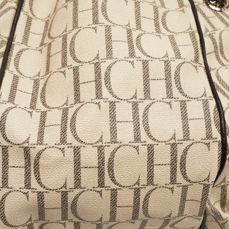 Pre Owned Carolina Herrera Cream/Brown Monogram Coated Canvas and Leather Chain Tote