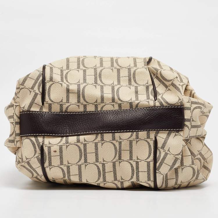 Pre Owned Carolina Herrera Cream/Brown Monogram Coated Canvas and Leather Chain Tote