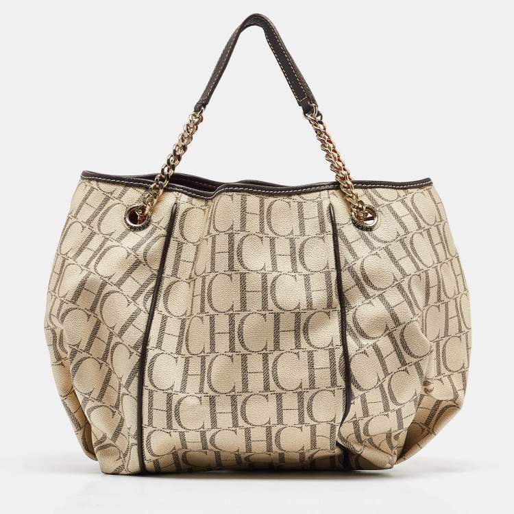 Pre Owned Carolina Herrera Cream/Brown Monogram Coated Canvas and Leather Chain Tote