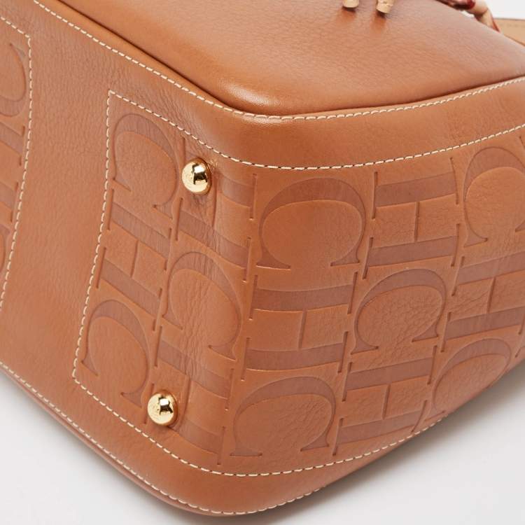 Pre Owned Carolina Herrera Brown Monogram Embossed Leather Small Andy Bucket Bag