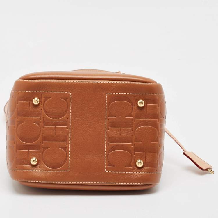 Pre Owned Carolina Herrera Brown Monogram Embossed Leather Small Andy Bucket Bag
