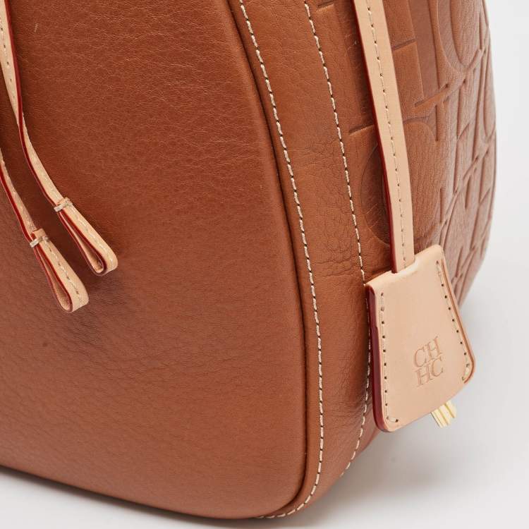 Pre Owned Carolina Herrera Brown Monogram Embossed Leather Small Andy Bucket Bag