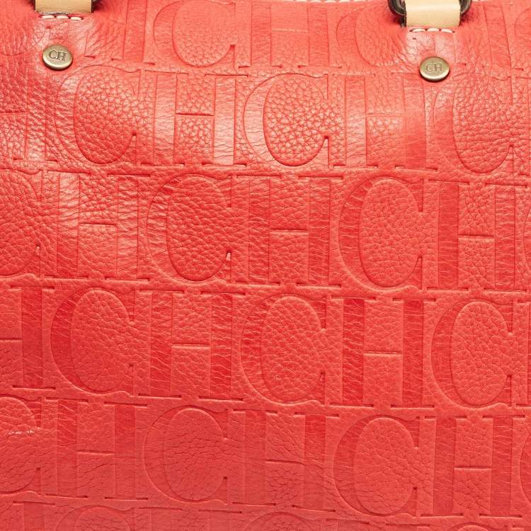 Pre Owned Carolina Herrera Red Monogram Embossed Leather Large Andy Boston Bag