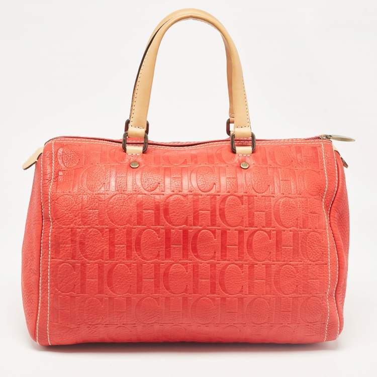 Pre Owned Carolina Herrera Red Monogram Embossed Leather Large Andy Boston Bag