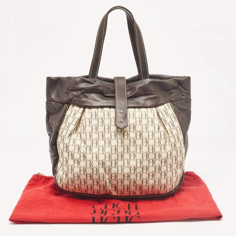 Pre Owned Carolina Herrera Dark Brown/Off White Monogram Canvas and Leather Flap Hobo