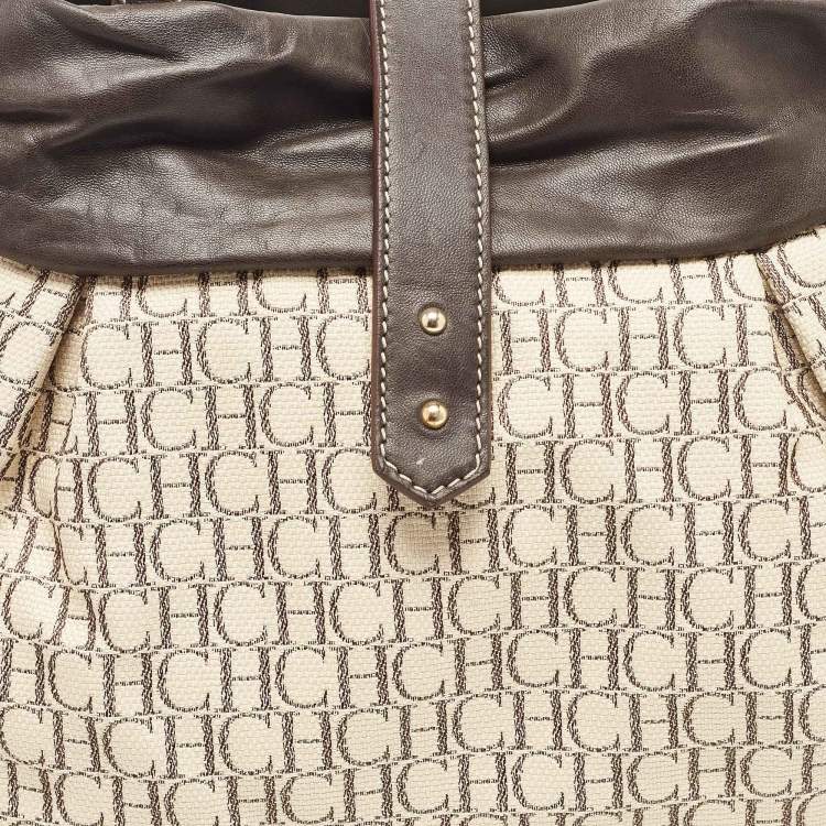 Pre Owned Carolina Herrera Dark Brown/Off White Monogram Canvas and Leather Flap Hobo