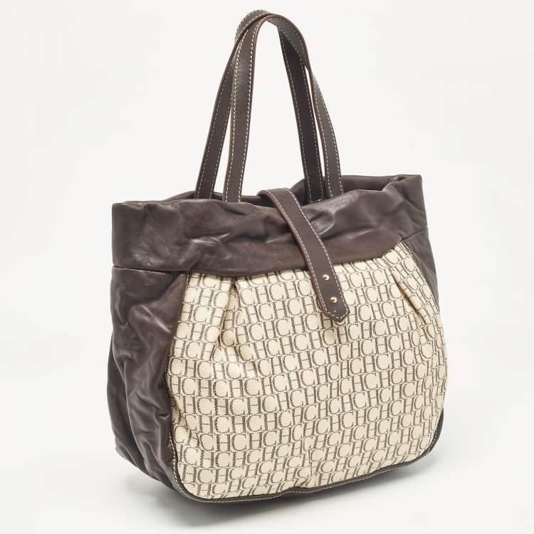 Pre Owned Carolina Herrera Dark Brown/Off White Monogram Canvas and Leather Flap Hobo