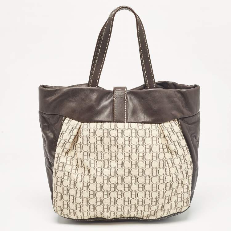 Pre Owned Carolina Herrera Dark Brown/Off White Monogram Canvas and Leather Flap Hobo