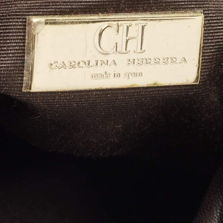 Pre Owned Carolina Herrera Dark Brown/Off White Monogram Canvas and Leather Flap Hobo
