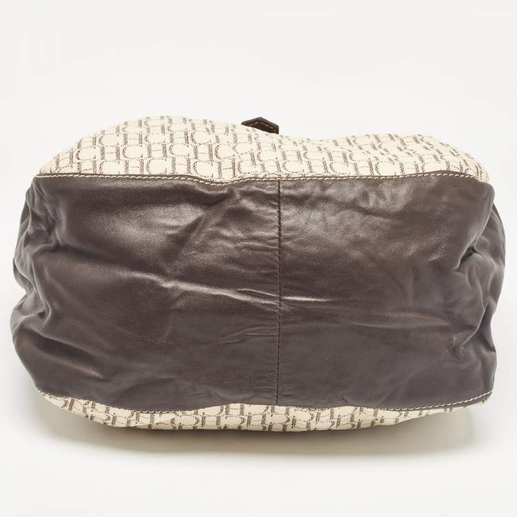 Pre Owned Carolina Herrera Dark Brown/Off White Monogram Canvas and Leather Flap Hobo