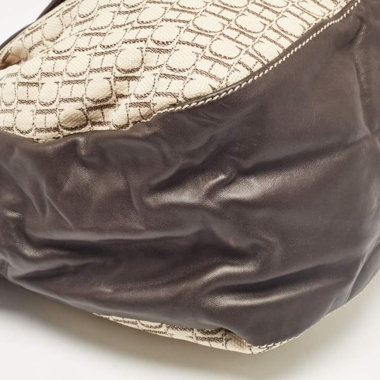 Pre Owned Carolina Herrera Dark Brown/Off White Monogram Canvas and Leather Flap Hobo