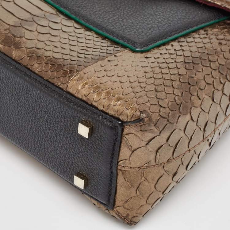 Pre Owned Carolina Herrera Black/Bronze Python and Leather Pushlock Flap Top Handle Bag