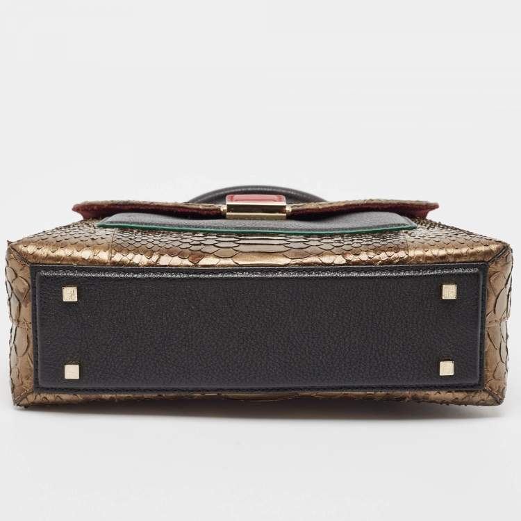 Pre Owned Carolina Herrera Black/Bronze Python and Leather Pushlock Flap Top Handle Bag