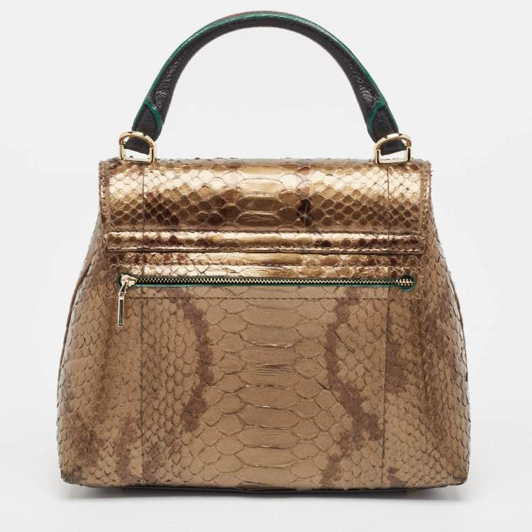 Pre Owned Carolina Herrera Black/Bronze Python and Leather Pushlock Flap Top Handle Bag