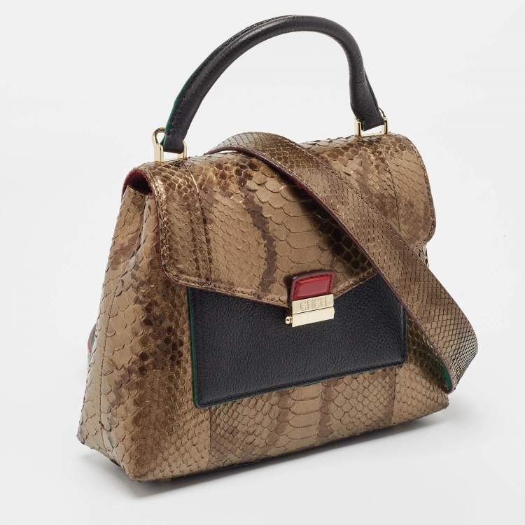 Pre Owned Carolina Herrera Black/Bronze Python and Leather Pushlock Flap Top Handle Bag