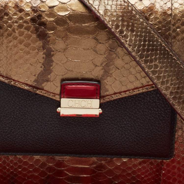 Pre Owned Carolina Herrera Black/Bronze Python and Leather Pushlock Flap Top Handle Bag
