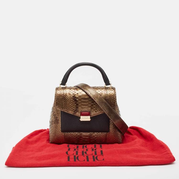 Pre Owned Carolina Herrera Black/Bronze Python and Leather Pushlock Flap Top Handle Bag
