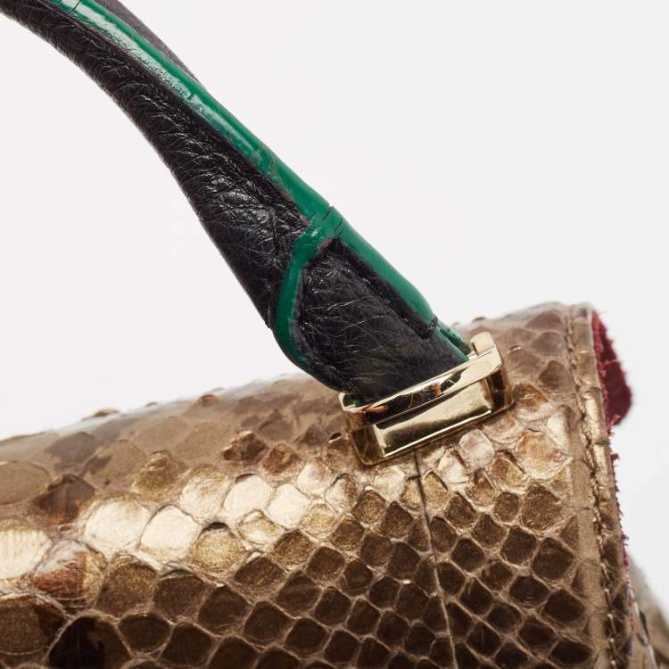 Pre Owned Carolina Herrera Black/Bronze Python and Leather Pushlock Flap Top Handle Bag