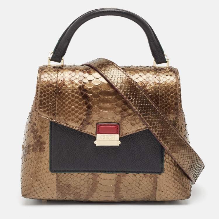 Pre Owned Carolina Herrera Black/Bronze Python and Leather Pushlock Flap Top Handle Bag
