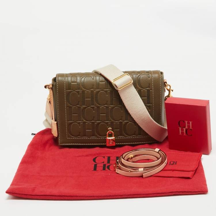 Pre Owned Carolina Herrera Khaki Green Monogram Leather Andy Locked Shoulder Bag