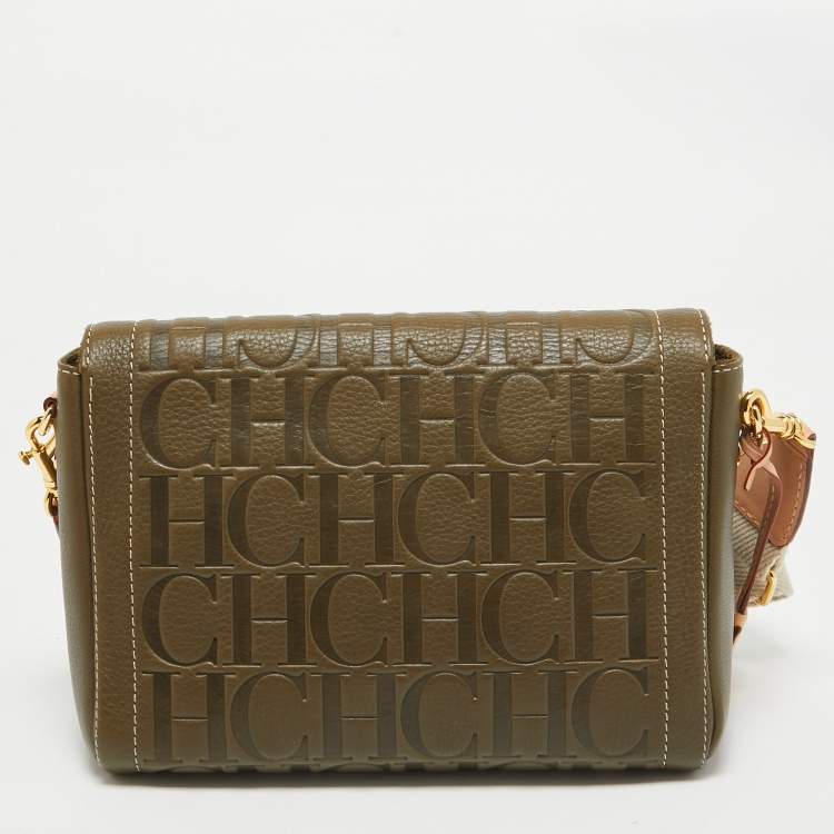 Pre Owned Carolina Herrera Khaki Green Monogram Leather Andy Locked Shoulder Bag
