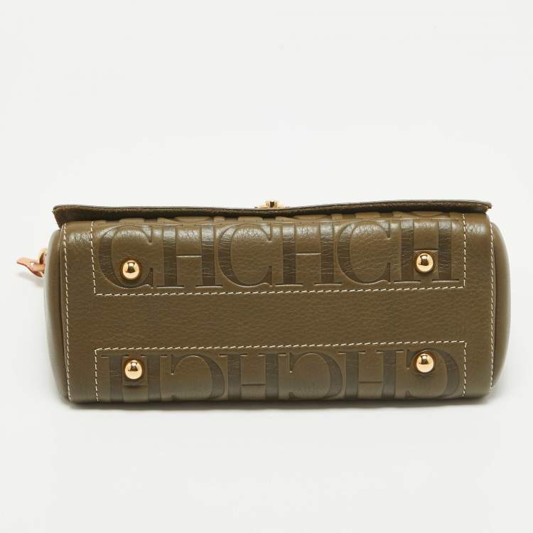 Pre Owned Carolina Herrera Khaki Green Monogram Leather Andy Locked Shoulder Bag
