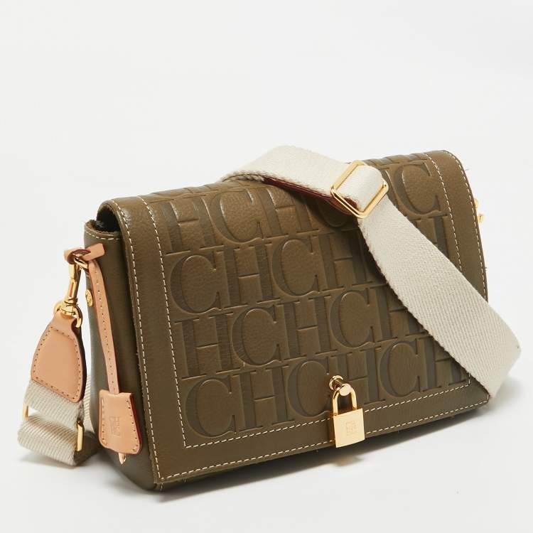 Pre Owned Carolina Herrera Khaki Green Monogram Leather Andy Locked Shoulder Bag