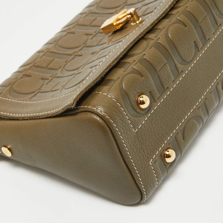 Pre Owned Carolina Herrera Khaki Green Monogram Leather Andy Locked Shoulder Bag