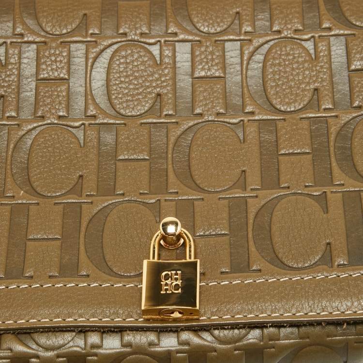 Pre Owned Carolina Herrera Khaki Green Monogram Leather Andy Locked Shoulder Bag
