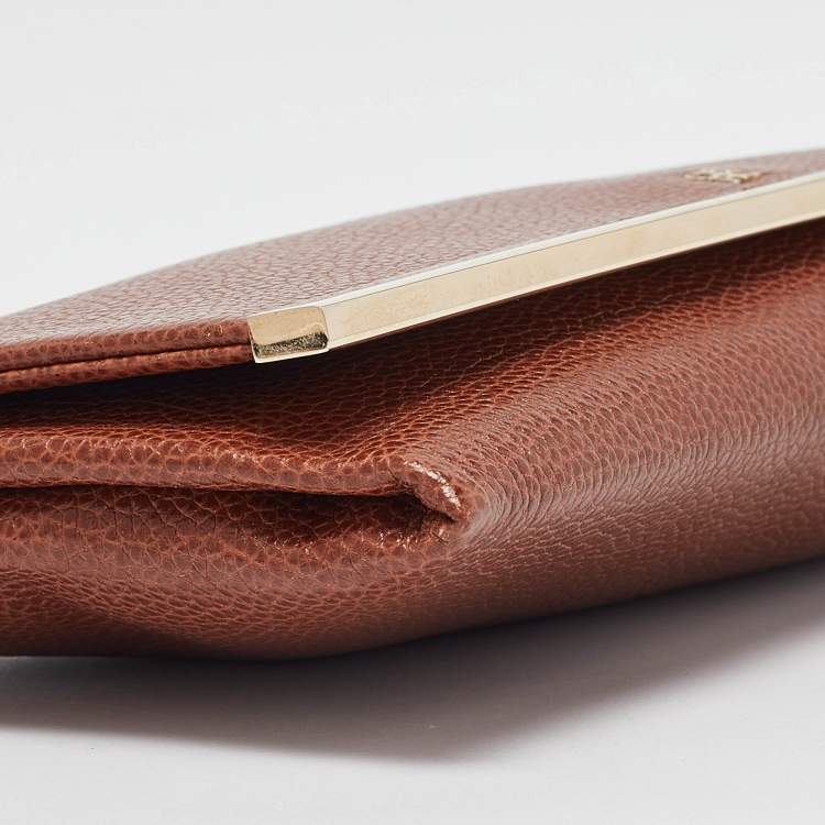 Pre Owned Carolina Herrera Brown Leather Metal Flap Clutch