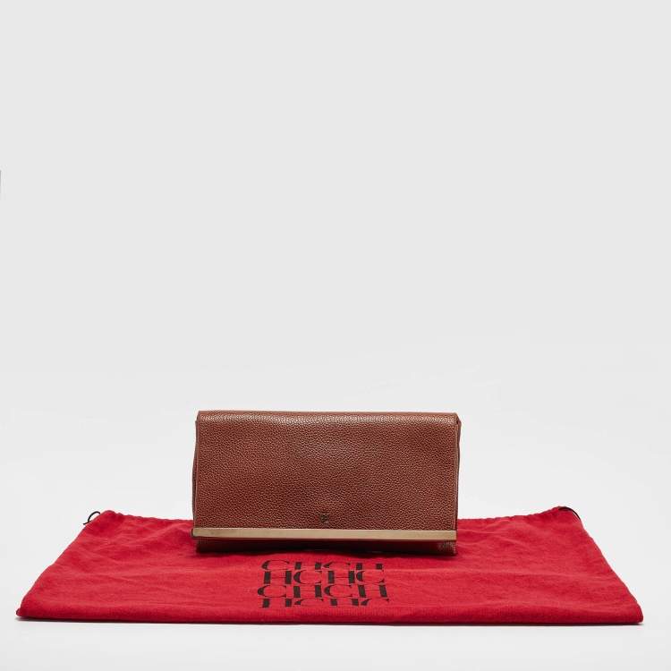 Pre Owned Carolina Herrera Brown Leather Metal Flap Clutch