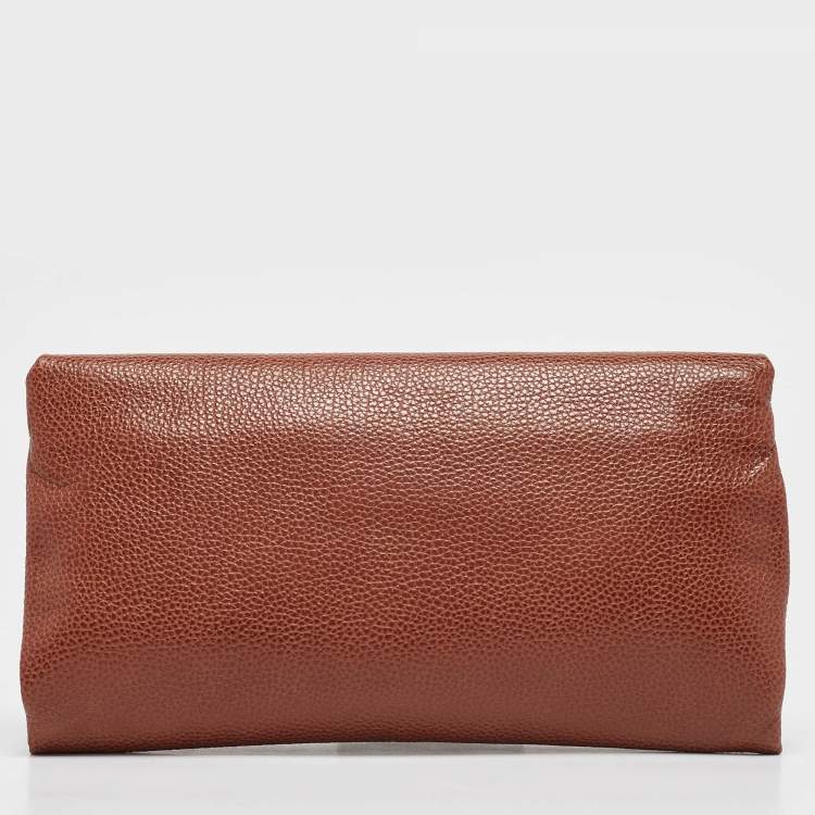 Pre Owned Carolina Herrera Brown Leather Metal Flap Clutch