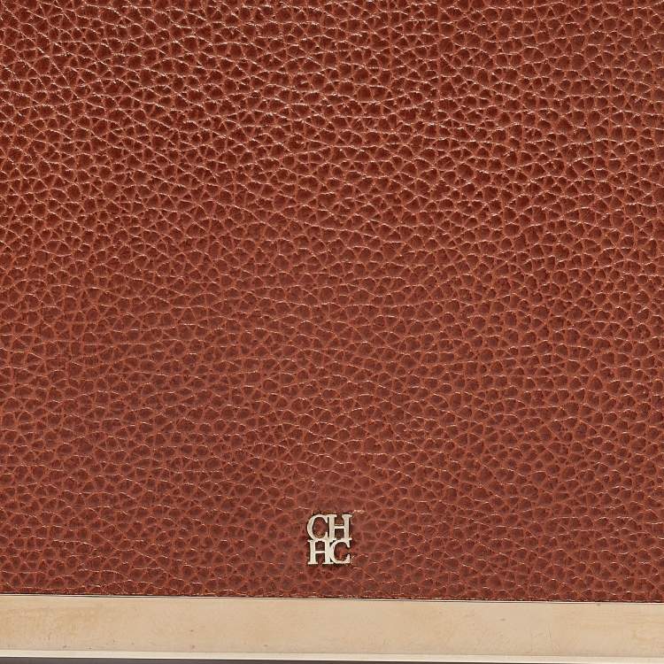 Pre Owned Carolina Herrera Brown Leather Metal Flap Clutch