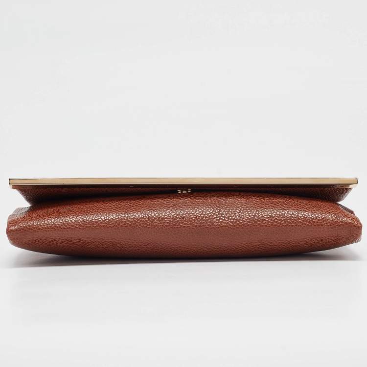 Pre Owned Carolina Herrera Brown Leather Metal Flap Clutch