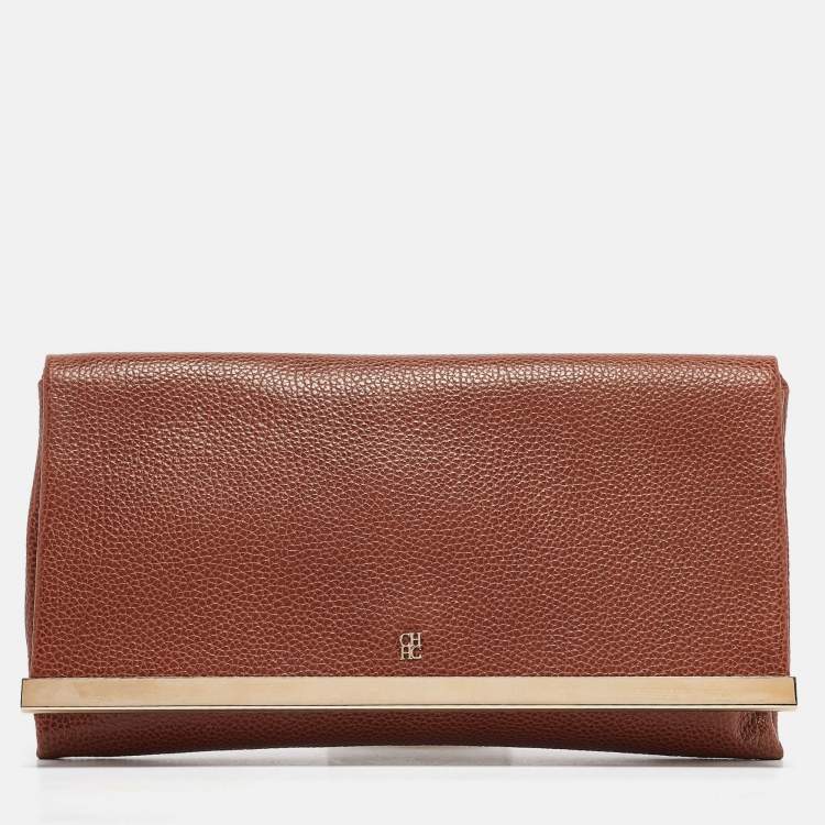 Pre Owned Carolina Herrera Brown Leather Metal Flap Clutch