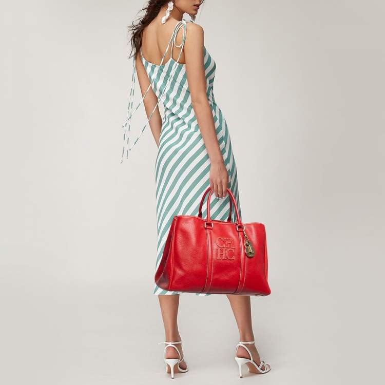 Pre Owned Carolina Herrera Red Leather Large Matteo Tote